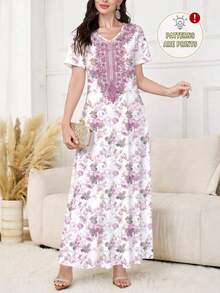Al Najma Vestido azul marino elegante de mujer con cuello en V, de manga corta, con estampado floral, que se puede usar como prenda exterior o interior/vestido de trabajo, adecuado para citas, vacaciones, uso diario, casual, fiestas, festivales, vestido largo, vestido largo de primavera/verano para mujer, vestido largo fluido, vestido largo floral, vestido azul marino - Blanco - Ver 11