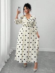 Vestido largo de manga larga con cuello en V, volantes y estampado de lunares, talla grande, para mujer - Multicolor - Ver 4
