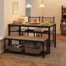 Space-Saving 4 Piece Dining Table Set Rectangular Kitchen Table With Wine Rack – Modern Vintage Style - Grey - View 10