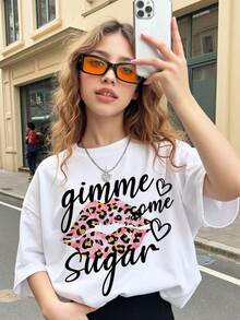 Mujer Estilo Urbano Y2K, Algodón 100%, Corte Holgado, Cuello Redondo, Manga Corta Playera, Estampado de Labios Leopardo Rosa Letras y Corazones, Gráfico Chica Sexy de , Uso Casual Diario Fiesta y Salida Nocturna - Blanco - Ver 7
