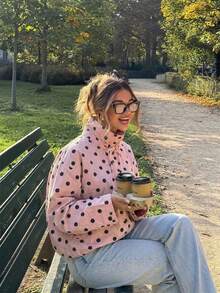 Fashionable Versatile Polka Dot Drawstring Design Blouse - Pink - View 3