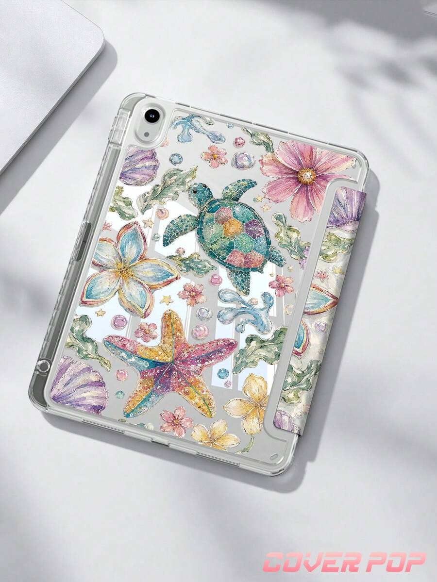 Sea Turtle & Floral Pattern Tablet Protective Case Suitable For IPad Air 8 (M4) 2026 (11 Inch) / 2026 (13 Inch), 9.7/10.2/10.5/10.9/12.9/Pro 11/A16, 10th Gen, Kindle Paperwhite 12th Gen 2024, Kindle (11th Gen-2024 Release), Soft Shock-Proof, Smart Sleep/Wake Function, Y-Fold Multi-Angle Tablet Case