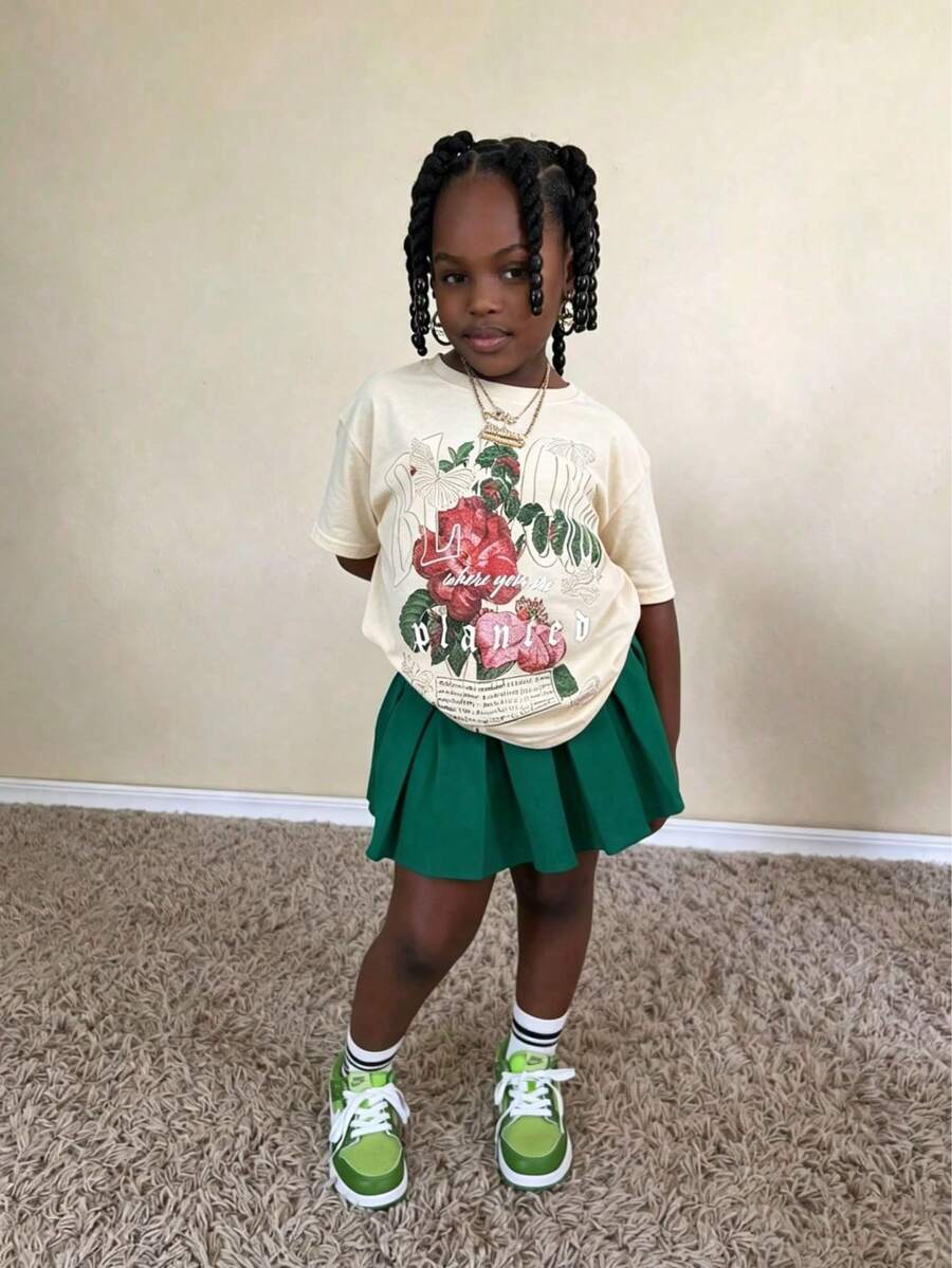 Girl's Cotton Round Neck T-Shirt, Casual And Comfortable Spring And Summer Short Sleeved Printed Top - Apricot - View 1