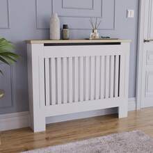 Home Discount Vida Designs Arlington Radiator Cover Heat Protection Adjustable Vertical Slats With Wooden Shelf Top MDF Cabinet Easy To Install - White - Blanco - Ver 3