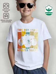 Boys' T-Shirt "This Boy Loves Monster Trucks" 100% Cotton, Soft And Comfortable For Everyday Wear, Suitable For Home, Outdoors And Sports Activities, Comfortable And Breathable - 粉色 - 查看 2