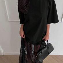 Vestido casual de mujer con parches de encaje de manga corta (sin cinturón), vestido de punto de unicolor con parches de encaje para uso diario, oficina, citas. La longitud y el tamaño se pueden ajustar con un cinturón. El estilo casual es ligeramente grande, se recomienda pedir una talla menos. Elegante negro - Blanco - Ver 7