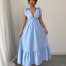 Vestido de cuello en V sin mangas con cintura ajustable con cordón, color azul, adecuado para primavera/verano - Rosa Fucsia - Ver 7