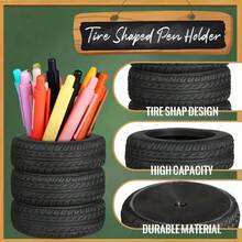 1pc Tire-Shaped Pen Holder - Durable Black PVC Desk Organizer With Letter Design, Creative Realistic Tire Shaped Pen Cup, Car Enthusiast Desktop Accessory, Quirky Personalized Desktop Storage Bucket For Stationery, Makeup Brushes, Office Supplies - Multicolor - View 3