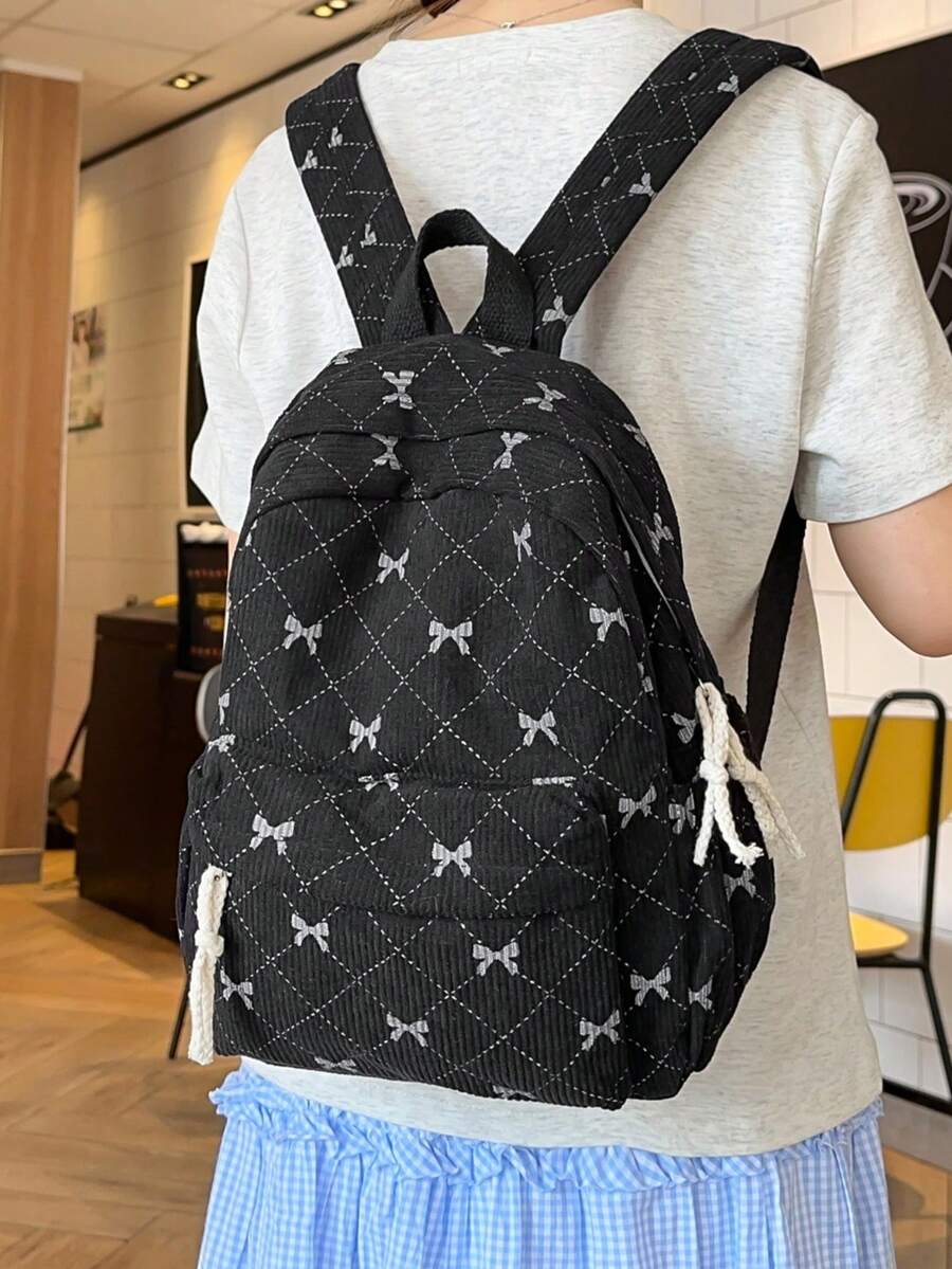 韩版甜美少女风灯芯绒背包,绗缝设计,蝴蝶刺绣,大容量,适合学生、通勤、旅行和休闲穿着 - 彩色 - 查看 1