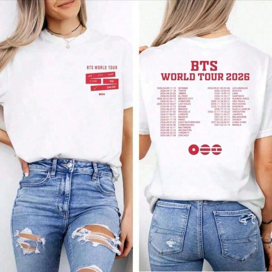Bangtan World Tour Shirt, Bangtan Boys Comeback Tee, K-Pop Concert Merch Graphic, ARMY Fan Gift, Black Bangtan T-Shirt Crafted From 100% Cotton, Perfect For Infusing Nostalgic, Fun Vibes Into Your Outfits During Casual Gatherings, Music Events, Or Daily Wear. This Is A Men's Round-Neck Printed Short-Sleeve Casual Everyday T-Shirt. It Makes An Excellent Gift For Friends And Family. The 100% Cotton T-Shirt Features A Youthful And Fashionable Design, Suitable As Graphic Tees For Both Men And Women Ideal For Back-To-School Season, It Is A Loose And Comfortable Women's Top As Well. Summer Tops Beach Outfit For Womensummer Outfit For Womenfestival Outfit - 白色 - 查看 1