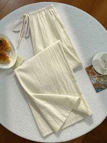 Pantalones sólidos de mujer con nudo, pantalones casuales sueltos, pantalones a rayas, pantalones de vacaciones, pantalones anchos de verano para mujer, pantalones anchos de mujer, pantalones de verano de mujer, pantalones de mujer - Albaricoque - Ver 3