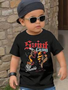 Camiseta de algodón puro para mujer, camiseta gráfica para niño con estampado de Saint Living y rosa, camiseta de cuello redondo para niño, eslogan "Stay Humble", camiseta deportiva de algodón suave para mujer. - Negro - Ver 7