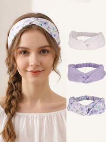 3pcs Women's Hair Accessories, Elegant French Style Floral Headbands, Suitable For Daily, Party, Wedding, Beach Vacation Wear In Spring/Summer - Purple - View 2