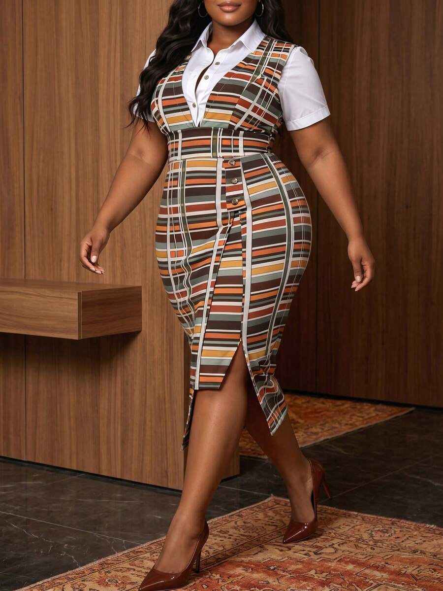 NOU Women's Mid-Length Elegant Square Neck Bodycon Plaid Dress, Flattering Fit For Work, Afternoon Tea, Church, Formal Occasions. Solid Color, Elegant Fabric, Faux Pockets, Suitable For Office, Daily Dates, Birthday Parties, Mother's Day, Casual Spring/Autumn - Multicolor - View 1