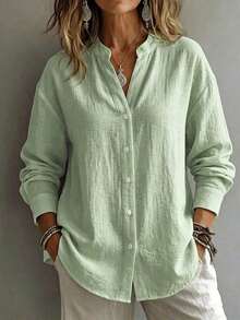 Blusa 2026 de mujer de estilo minimalista y preppy, de manga larga, cuello en V pequeño, con detalles de smocking y tela arrugada, de corte holgado y semitransparente, para oficina y uso diario - verde menta - Ver 4
