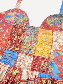 Vintage Patchwork Print Halter Jumpsuit, Bohemian Style Backless Wide Leg Pants, Vacation Atmosphere Outfit Summer - Multicolor - View 6