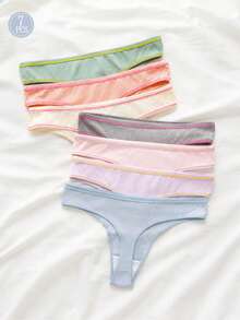 7 Stück/Pack Damen Baumwoll-Stretch gestreifte String-Höschen, Niedrige Taille mit süßem Wochentags-Aufdruck, weich atmungsaktiv T-Back, bequeme Alltagsunterwäsche, Mehrfarbig - Verschiedenfarbig - Übersicht 4