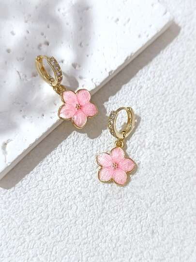 1 Pair Fashionable Elegant Gold-Tone Hoop Earrings With Cute Floral Pendant, Suitable For Women's Daily Wear