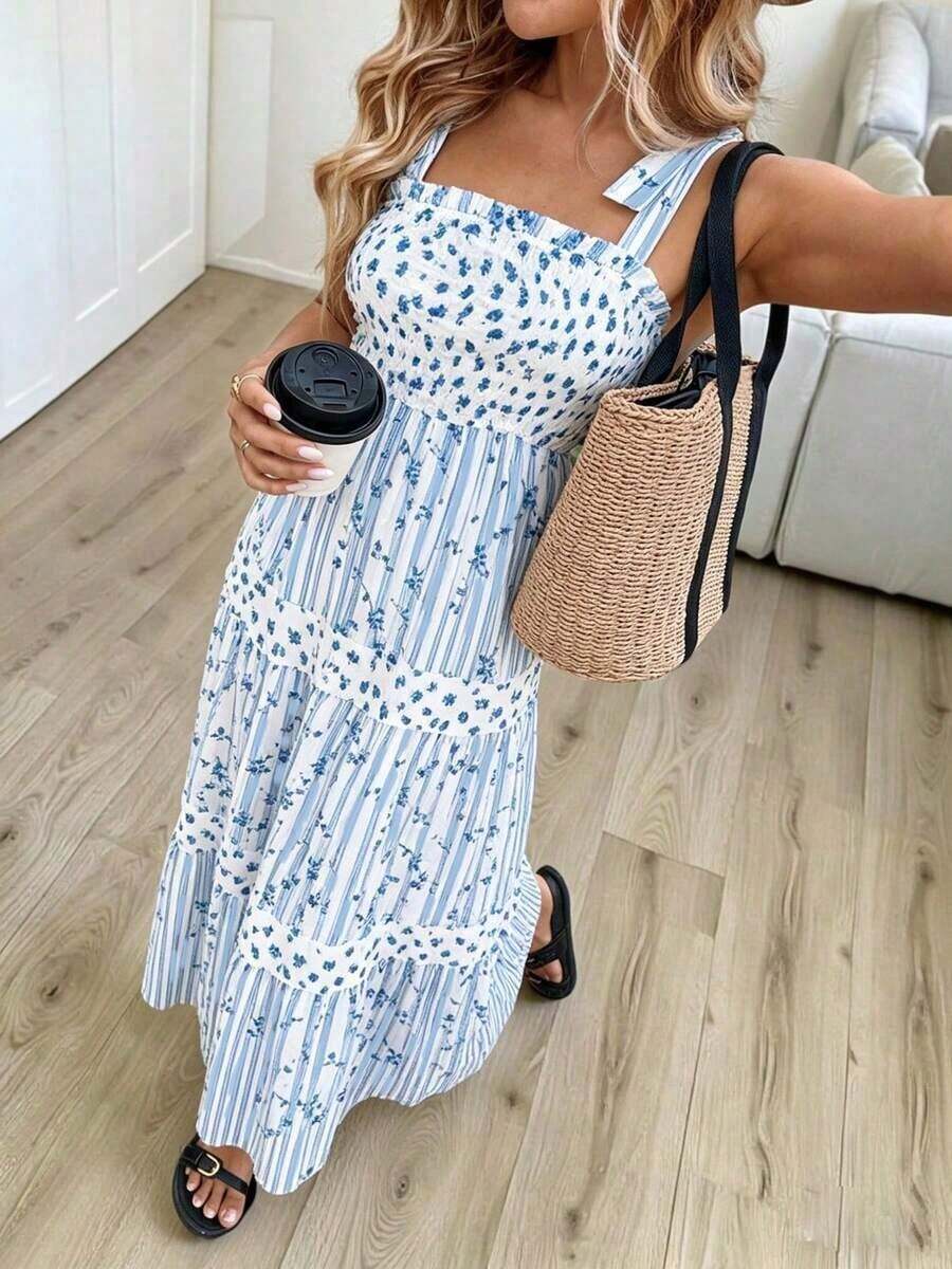 Vestido bohemio floral de tirantes finos – Look versátil para diario, playa, vacaciones, oficina y eventos elegantes – Verano - amarillo ganso - Ver 1