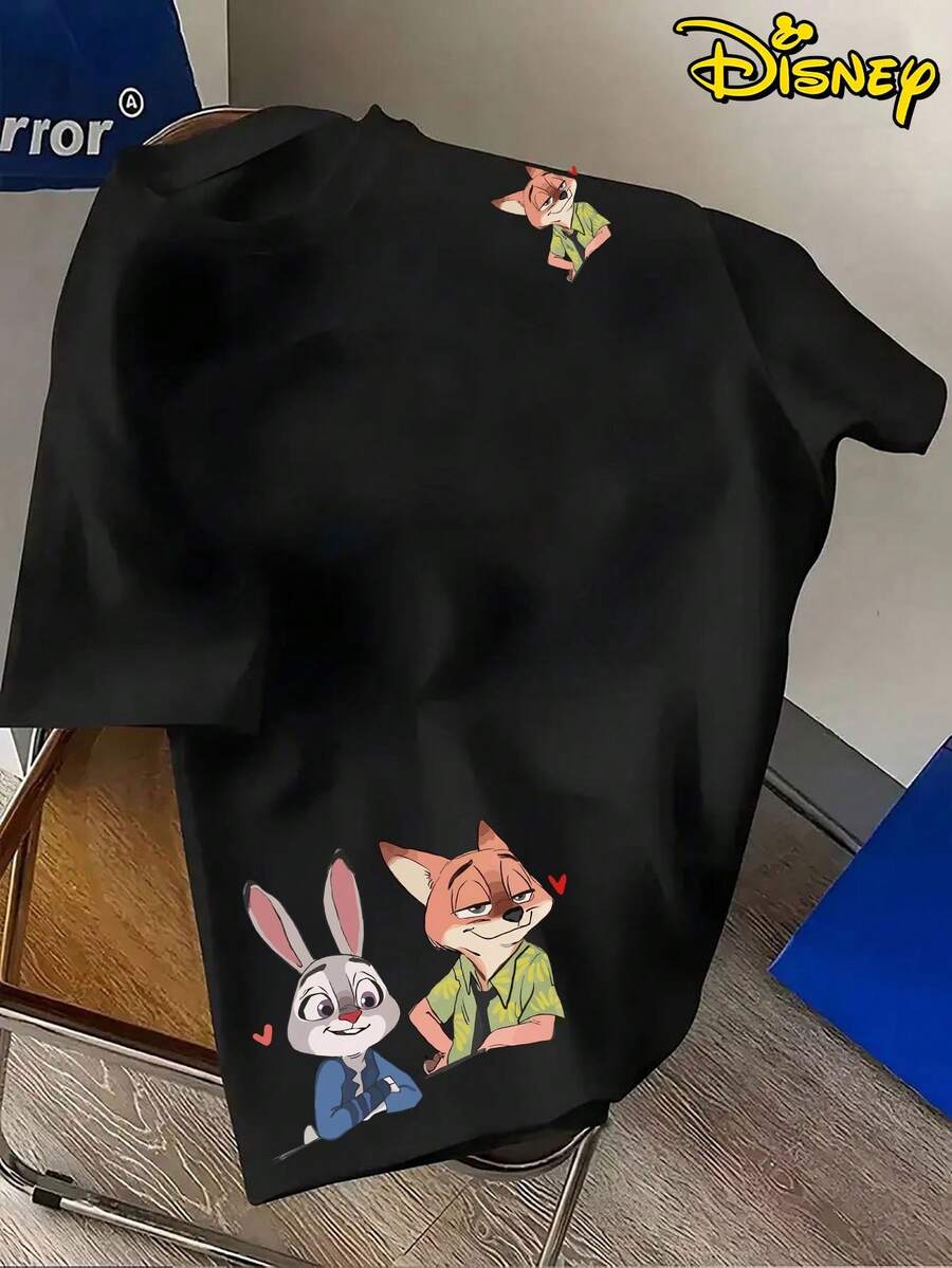 Disney Casual Men's T-Shirt With Zootopia Nick & Judy Print, A Comfortable Crew-Neck Tee, Perfect For Everyday Wear, A Summer Essential. - 黑色 - 查看 1