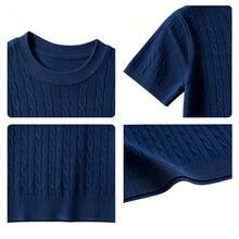 Sweater Rajut Lengan Pendek Warna Polos Dasar untuk Anak Laki-laki, Atasan Rajut Leher Bulat Kasual Anak-anak, Pakaian Rajut Serbaguna untuk Sehari-hari - Navy Blue - View 5