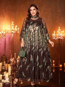 UNITHORSE Plus Women's Stand Collar Long Sleeve Full Skirt New Luxury Beaded Lace Embroidered Turkish Style Robe - Coffee Brown - View 3