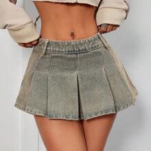 guangzhougaolangshangmao  PETITE Minifalda de mezclilla para mujer, falda plisada de tiro ultra bajo sexy, falda de mujer para Acción de Gracias, falda de Navidad, falda de jeans Y2K, falda vaquera vintage, falda de jeans de tiro bajo - Lavado ligero - Ver 4