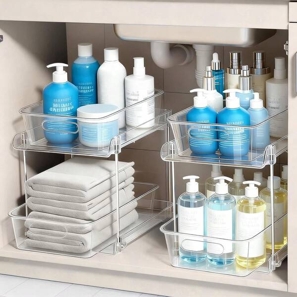 FAMOVELL 2 Tier Under Sink Organizer Bathroom Organizers And Storage, Clear Stackable Bathroom Cabinet Organizer, Multipurpose Pull-Out Home Organizer For Kitchen And Pantry Storage 2 Pack
