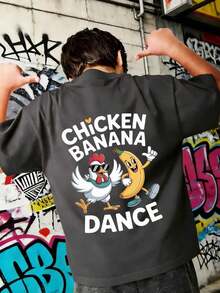 Boys' T-Shirt With Fun Chicken And Banana Print, Soft And Comfortable Fabric, Suitable For Outdoor Sports, Casual Wear, Urban Wear, School Wear, Versatile Fashion T-Shirt For Boys In Spring/Summer. - 黑色 - 查看 4