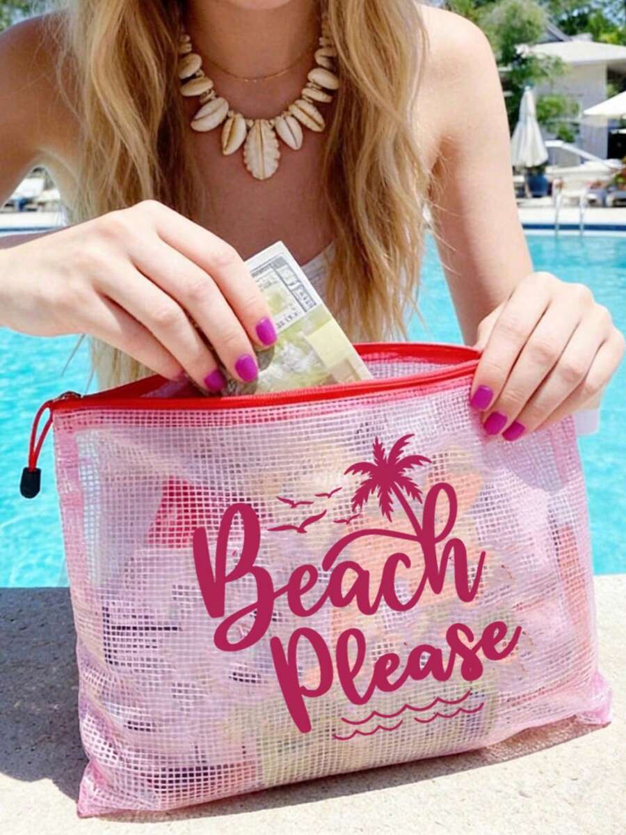 防水時尚沙灘包，印有「Beach Please」彩色圖案、棕櫚樹、海鳥、波浪圖案。大容量透明化妝包配尼龍拉鍊 - 輕巧，春/夏季防曬收納，適合游泳、沙灘、潛水和夏季度假，學生返校，送給朋友、家人、閨蜜、同學的禮物。生日、節日、派對、婚禮（伴娘）、教師節的完美禮物和紀念品。郵輪必備，畢業、夏季度假、返校、開學禮物
