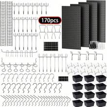 170pcs Metal Pegboard Wall Organizer, 4pcs 24x12 Inch Black Pegboard Panels Tool Organizer Kit With 166pcs Pegboard Accessories Hooks And Bins, Peg Board Utility Tool Storage For Garage Workbench Shed,Garage Mounted Storage Systems, Garage Organizer - 黑色 - 查看 1