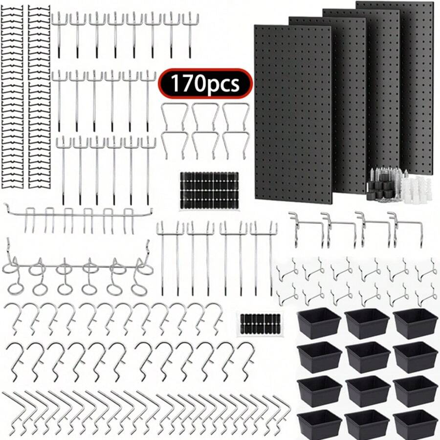 170pcs Metal Pegboard Wall Organizer, 4pcs 24x12 Inch Black Pegboard Panels Tool Organizer Kit With 166pcs Pegboard Accessories Hooks And Bins, Peg Board Utility Tool Storage For Garage Workbench Shed,Garage Mounted Storage Systems, Garage Organizer - 黑色 - 查看 1