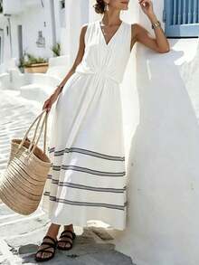 Vestido de mujer sin mangas de fibra de bambú blanco con cintura elástica y dobladillo estampado, adecuado para primavera, verano, otoño e invierno, corte holgado para uso diario, elegante y apropiado para fiestas, playas, citas románticas y viajes casuales - Blanco - Ver 5