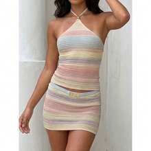 Women 2 Piece Knit Outfit Striped Mini Skirt Set Sexy Knit Crop Cami Tank Top Low Waist Bodycon Short Skirt Y2k Matching Going Out Party Beachwear - 彩色 - 查看 2