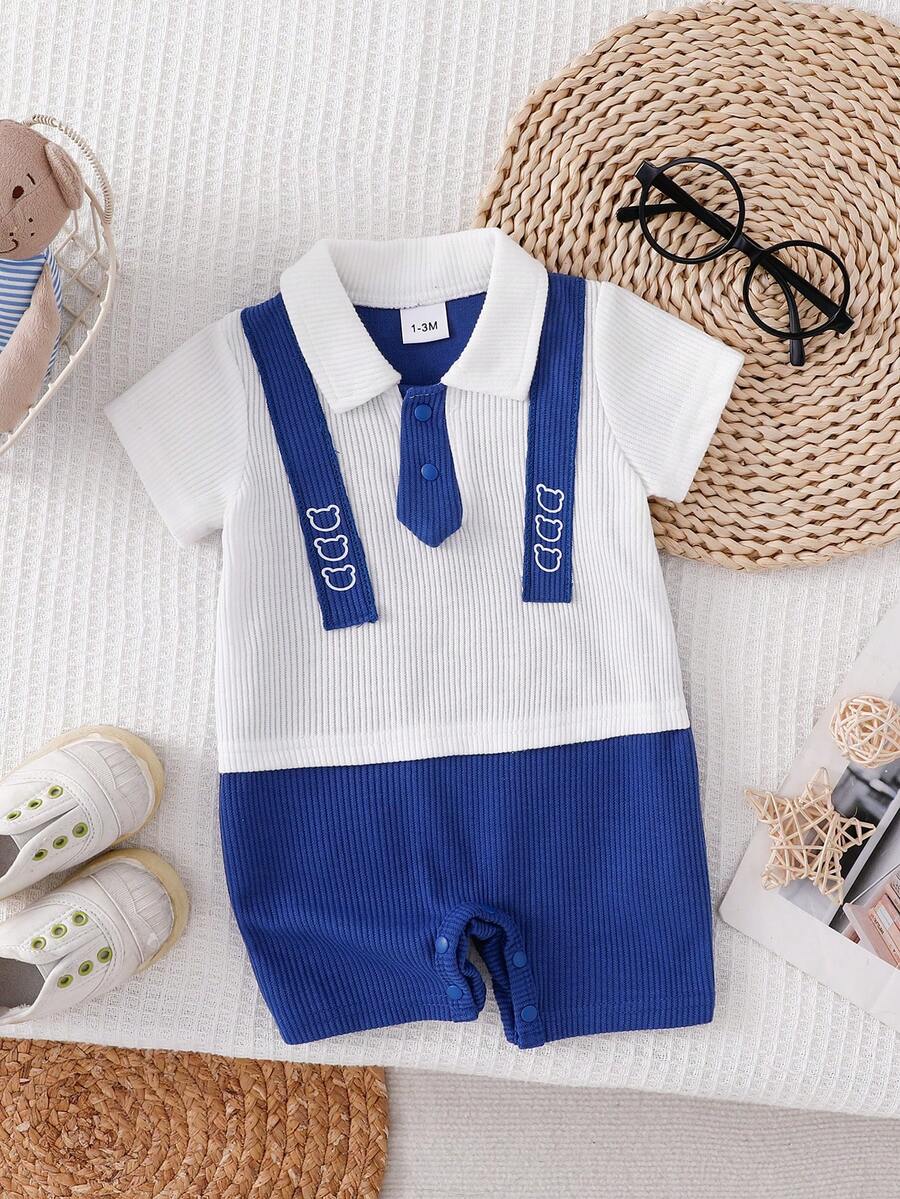 Infant Fake Suspender Romper, Ribbed Cotton Breathable Soft, Lapel Design, Fashionable Newborn Summer Outerwear - Multicolor - View 1