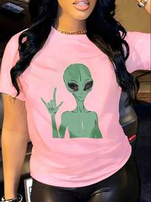 Alien Making Peace Sign With Digital Print Text Short Sleeve Unisex Pure Cotton Loose And Comfortable - 粉色 - 查看 6