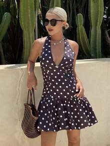 Vestido mini ajustado de cuello halter con lunares, vestido de verano para vacaciones para mujeres - Negro - Ver 1