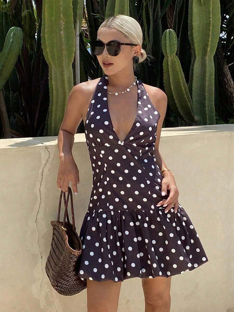 Vestido mini ajustado de cuello halter con lunares, vestido de verano para vacaciones para mujeres - Negro - Ver 1