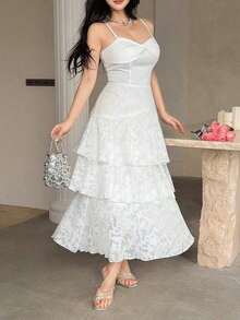 Vestido de verano de mujer elegante con camisola de volantes y capas, para vacaciones - Blanco - Ver 5