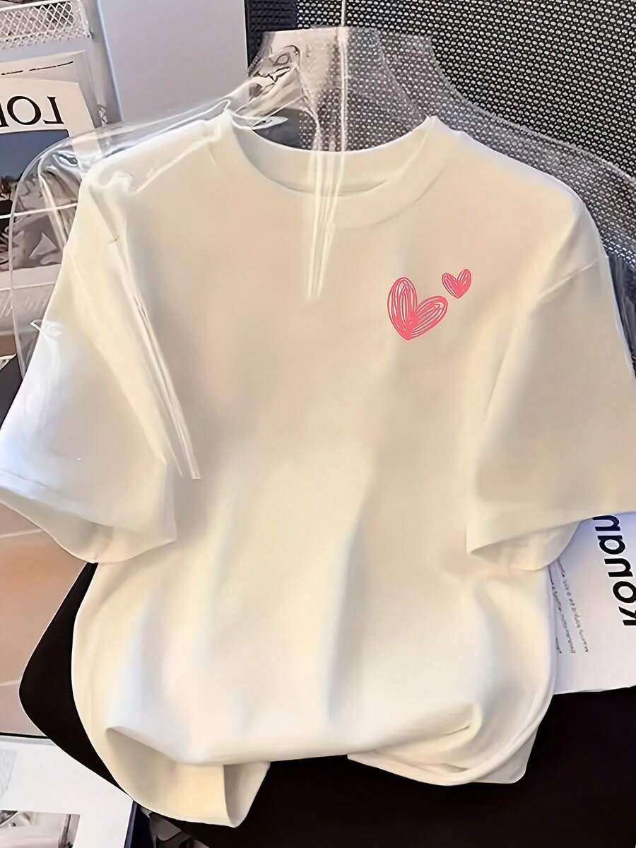 Minimalist. 100% Cotton. 1pac Elegant Women's Shirt, Casual Short-Sleeved T-Shirt With A Round Neck And Heart Print, Machine Washable - Perfect For A Casual Look. Oversized Summer T-Shirt. - 白色 - 查看 1