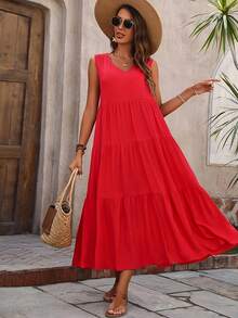 White Eyelet Embroidery Sleeveless Dress, V Neck Backless Lace Trim Casual Summer Dress For Women  Casual  Boho    Eyelet Embroidery    Vacation  Beach - 紅色 - 查看 7