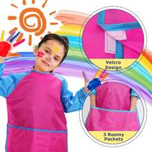 2 Pack Kids Painting Apron With Long Sleeve & 3 Pockets, Waterproof Toddler Art Smock For Age 2-8, Children Artist Apron For Craft Paint - Pink and Yellow (M) - View 2