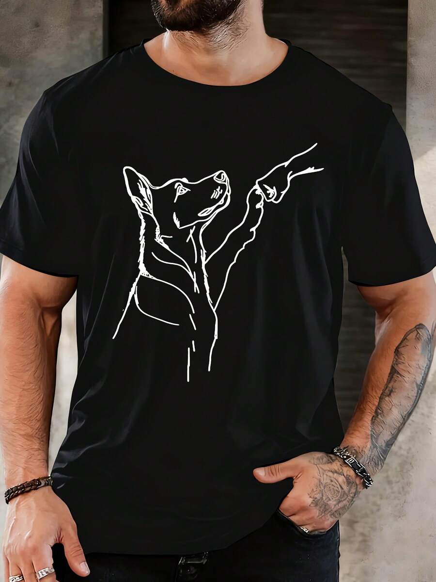 Men's T-Shirt With German Shepherd Design, Soft Black Crew Neck With White Dog Silhouette, Casual Short Sleeves For All Seasons, Comfortable Clothing - 黑色 - 查看 1