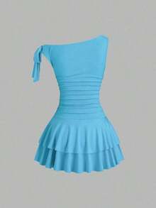 fsfvgsSweetra Vestido de moda con decoración de flor de metal, hombros y bajo fruncidossbfb s OISG - Azul - Ver 2