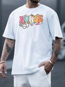 The Print Features The Word NURSE With Colorful Medical Elements Such As A Stethoscope, Syringe, Pills, And Flowers, Symbolizing Dedication, Care, And Positive Energy Towards The Nursing Profession. This Men's T-Shirt Is Made Of 100% Cotton, Is Casual And Comfortable, Ideal For Everyday Wear, And Makes An Inspirational Gift. - 灰色 - 查看 10