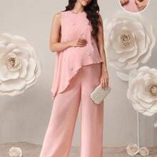 Conjunto de top y pantalones de maternidad elegante con decoración de perlas falsas y bajo asimétrico, para verano - Rosa - Ver 1