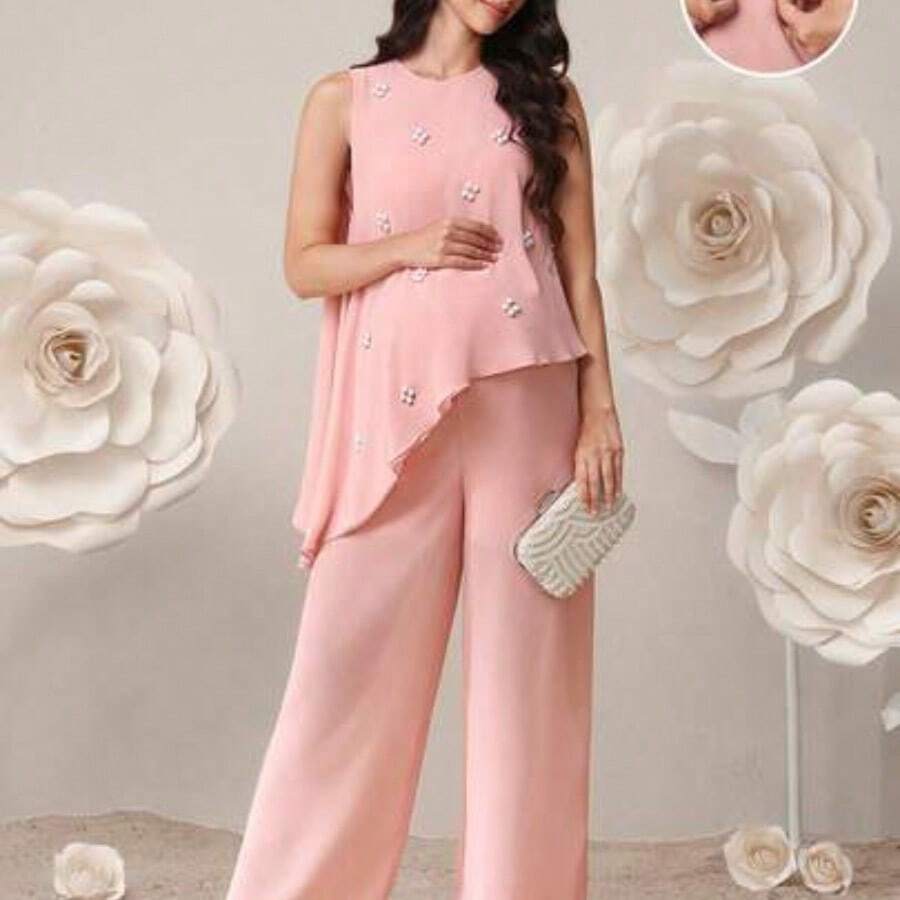 Conjunto de top y pantalones de maternidad elegante con decoración de perlas falsas y bajo asimétrico, para verano - Rosa - Ver 1