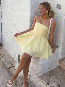 Vestido mini de línea A con tirantes de lazo francés adelgazante, hombro único y manga abullonada, nuevo estilo de moda verano 2026, adecuado para vacaciones, fiesta, playa, boda, baile de graduación, cumpleaños, vestido amarillo, vacaciones, concierto, Y2K, trayecto, cita elegante - amarillo ganso - Ver 8