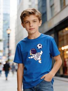 Black Short-Sleeved T-Shirt For Boys, Casual Urban Style, With  Graphic Of An Astronaut Playing Football, Children's Clothing For Boys Aged 5 To 13 Years - 藍色 - 查看 1