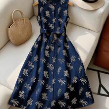 Vestido de mujer con cuello redondo, sin mangas, con estampado botánico y botones delanteros - Albaricoque - Ver 10